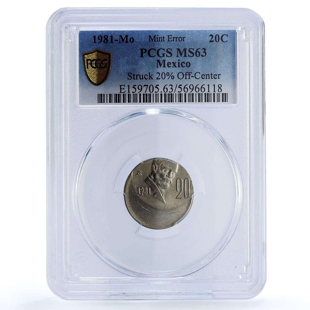 メキシコ 20センタボ 共和国 ミスストライク オフセンター MS 63 PCGS