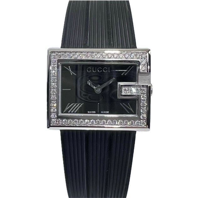 GUCCI グッチ Gレクタングル ベゼルダイヤ 黒文字盤 クオーツ 腕時計 100L YA100514 SS ラバー ブラック 箱 レディース ファション小物 稼働中 aua60001071116