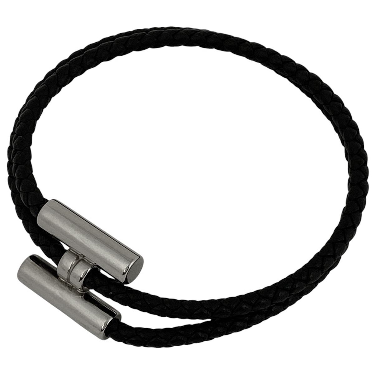 エルメス HERMES トゥル二 トレッセ ブレスレット 2連 Hロゴ レザー メタル ブラック シルバー レディース