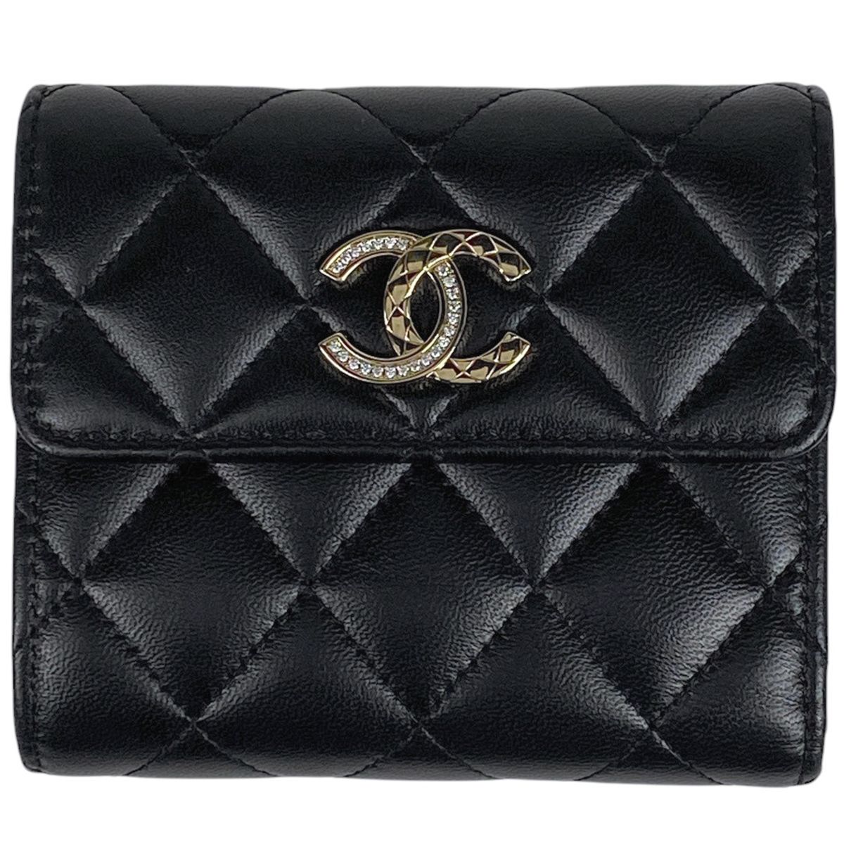 シャネル CHANEL ココマーク ラインストーン 三つ折り 財布 マトラッセ ウォレット 三つ折り財布 レザー ブラック レディース