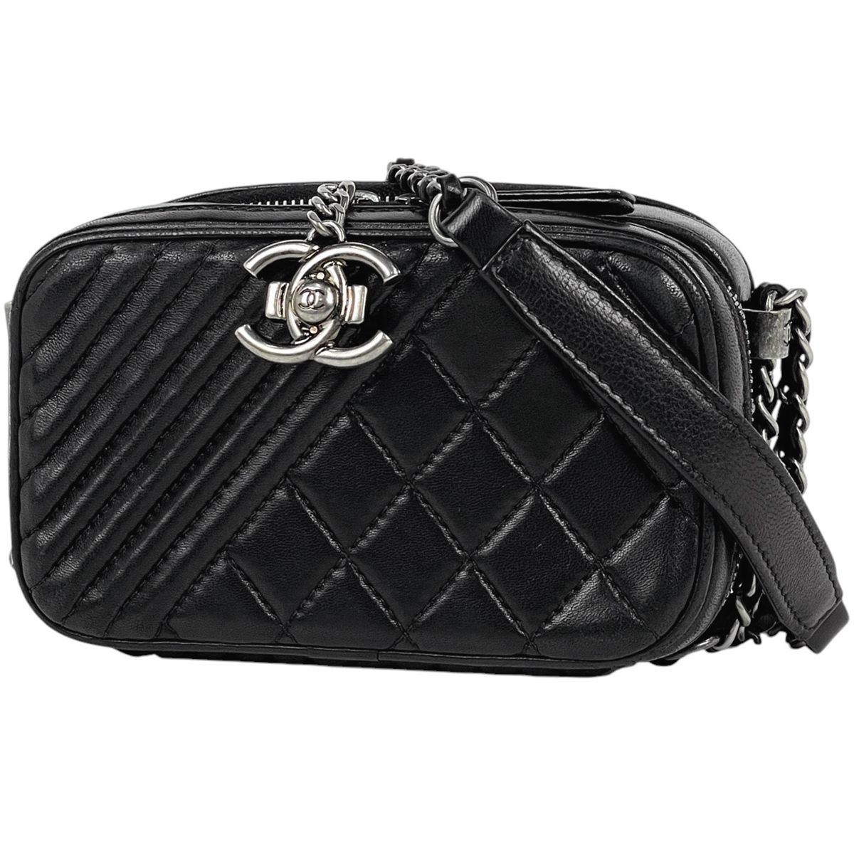 シャネル CHANEL ココボーイ チェーン ショルダーバッグ マトラッセ カメラバッグ レザー ブラック レディース