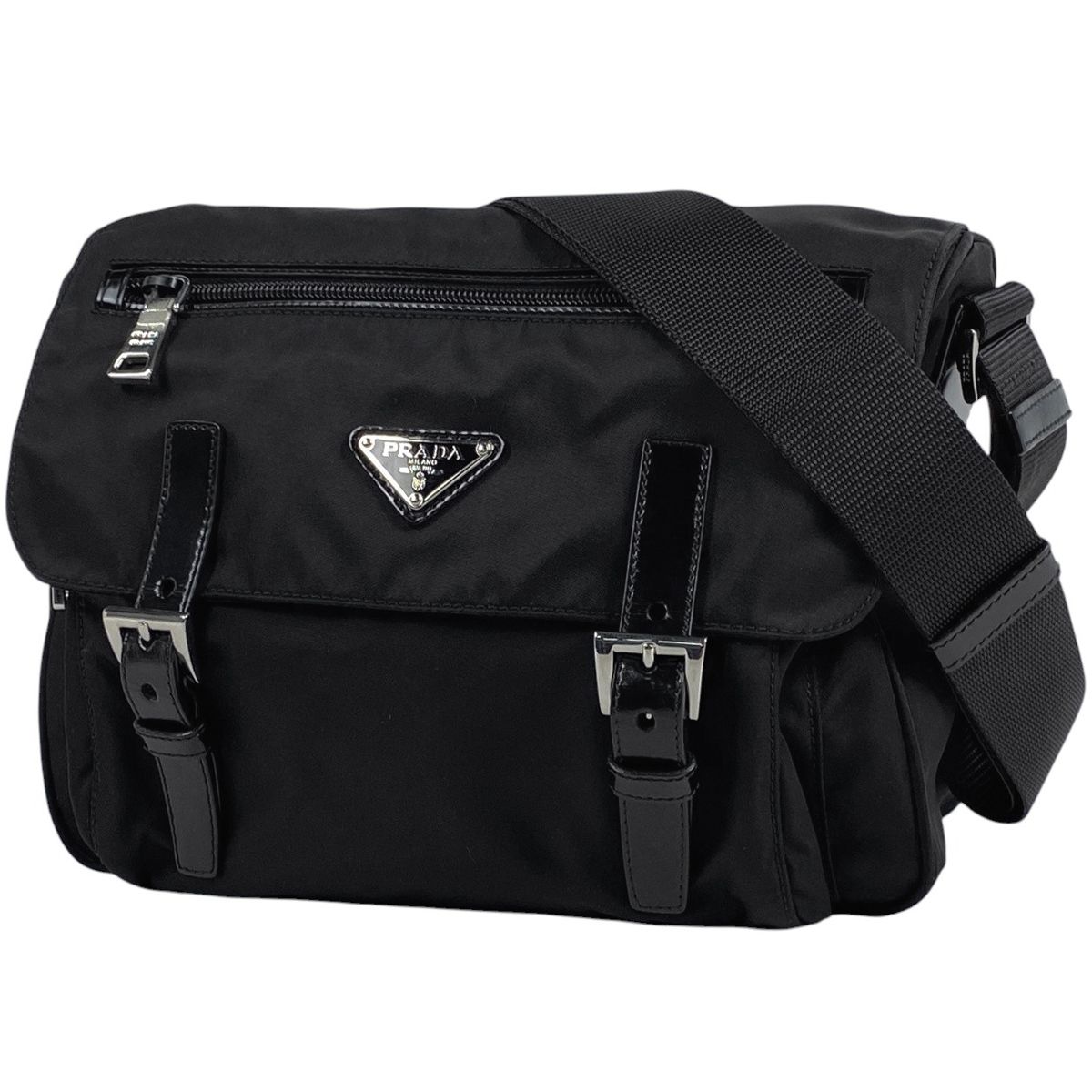 プラダ PRADA ロゴプレート ショルダーバッグ メッセンジャーバッグ ナイロン ネロ ブラック BT 0713 レディース