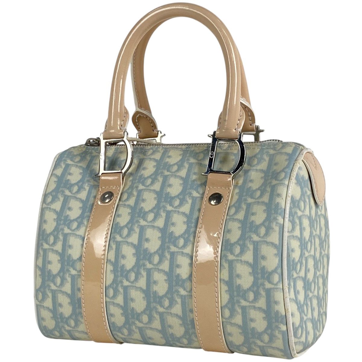 クリスチャンディオール Christian Dior ロゴ ハンドバッグ ミニボストンバッグ トロッター エナメル コーティングキャンバス ブルー レディース