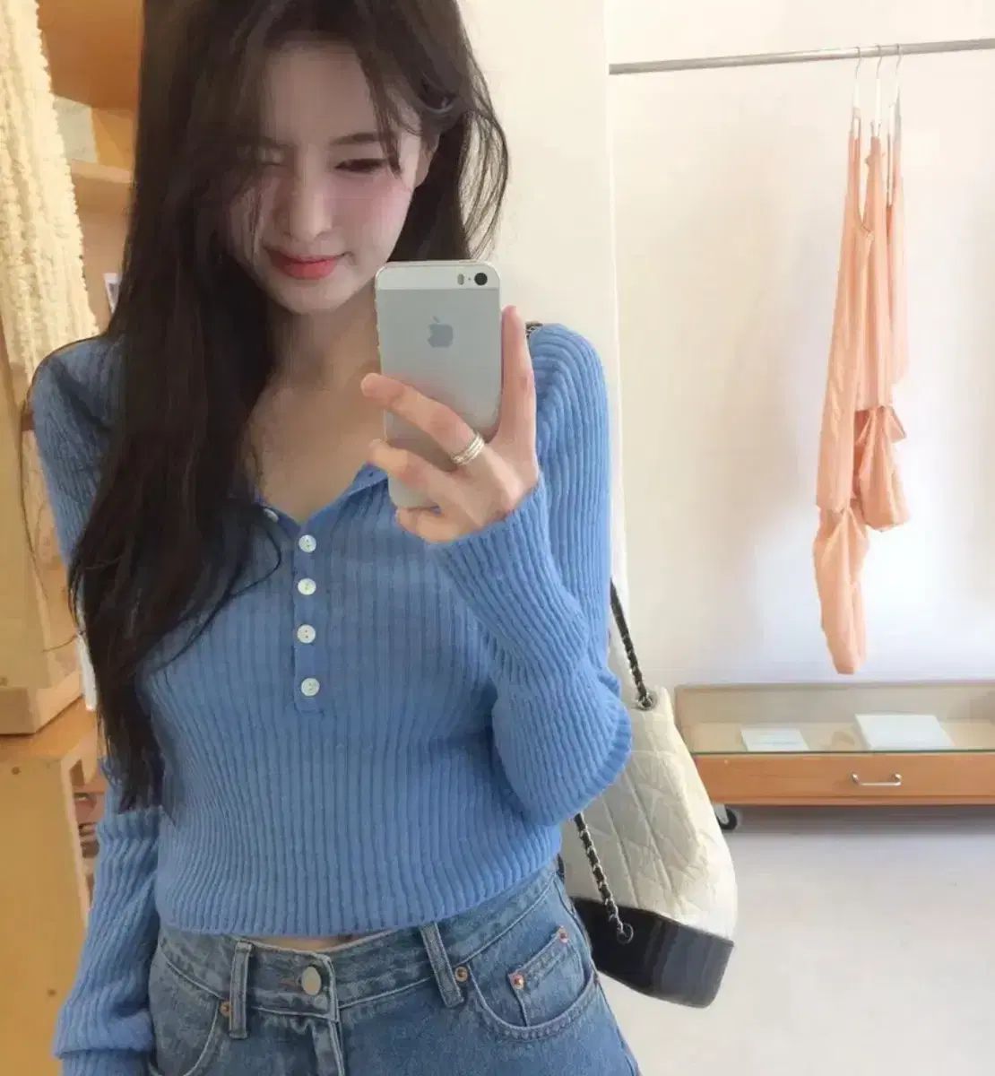 ウール ウールショップ ベイグル クロップド ニット ブルー