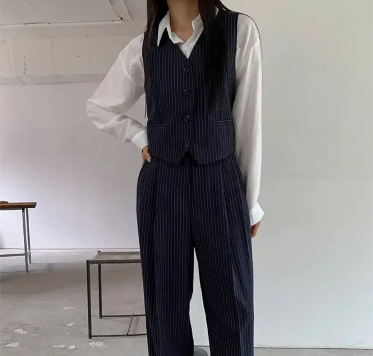 スラックス ベストセットアップ ネイビー ストライプ ルーズフィット ピンタック ベスト 55