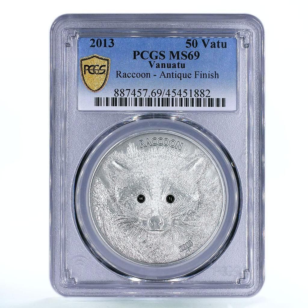 バヌアツ 50 バツ 絶滅危惧種の野生生物 アライグマ相 MS 69 PCGS 銀貨 2013