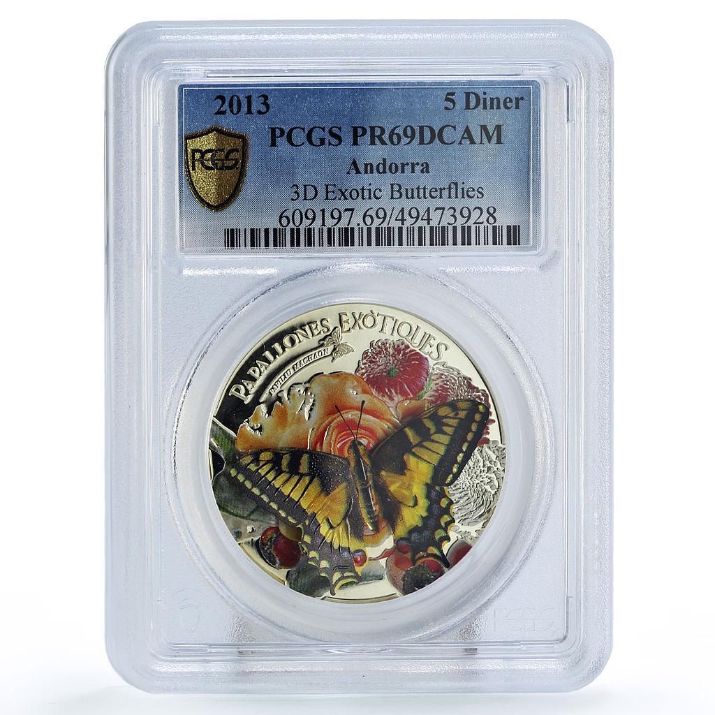 アンドラ 5ダイナース 野生動物 エキゾチックな蝶 動物相 3 D PR 69 PCGS 銀貨 2013年