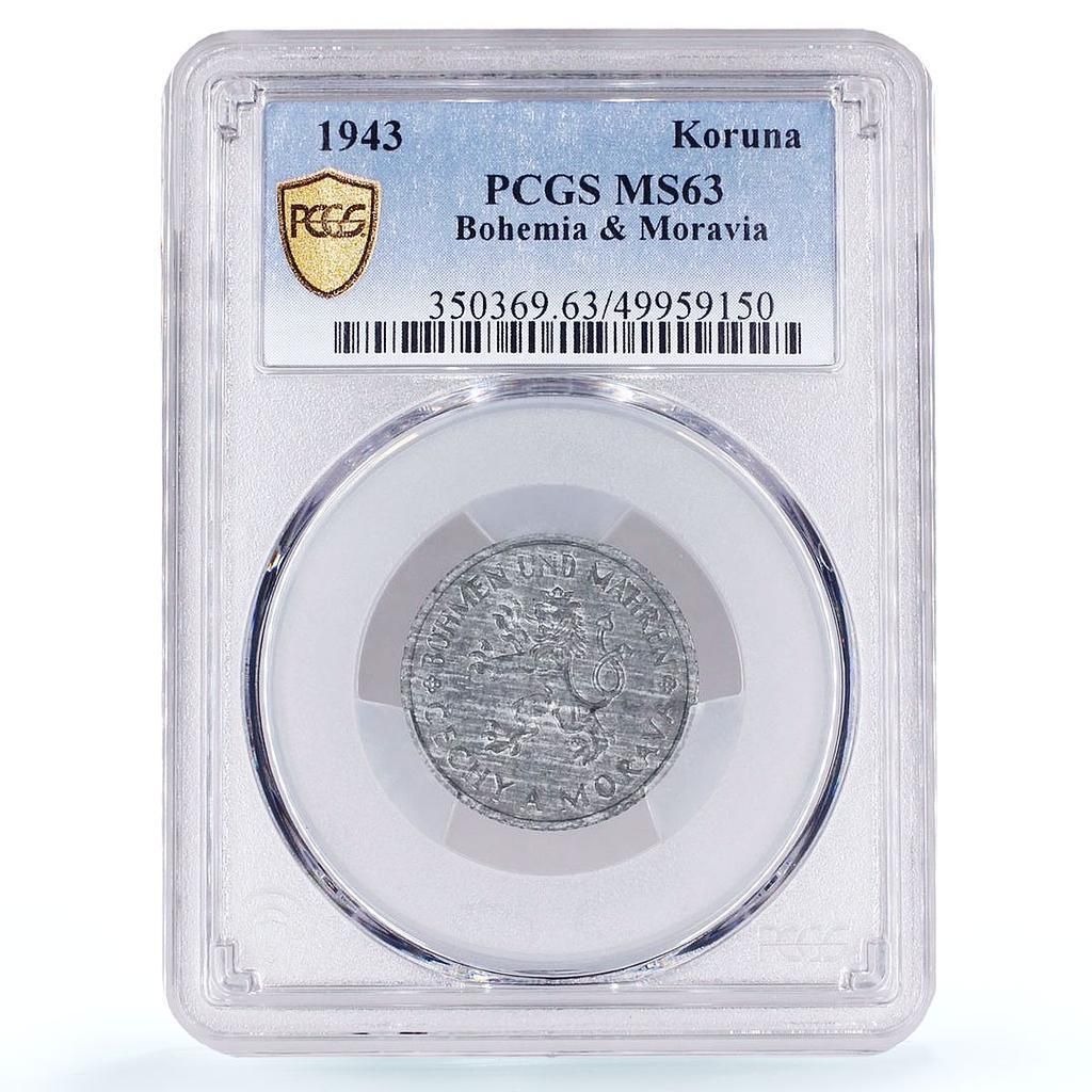 チェコ ボヘミア モーラ コルナ ドイツ占領期貨幣 KM 4 MS 63 PCGS コイン 1943