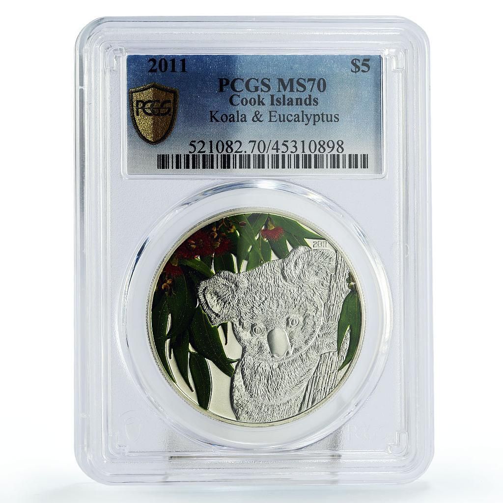 クック諸島 5ドル コアラ ユーカリ 動物相 植物相 MS 70 PCGS 銀貨 2011年