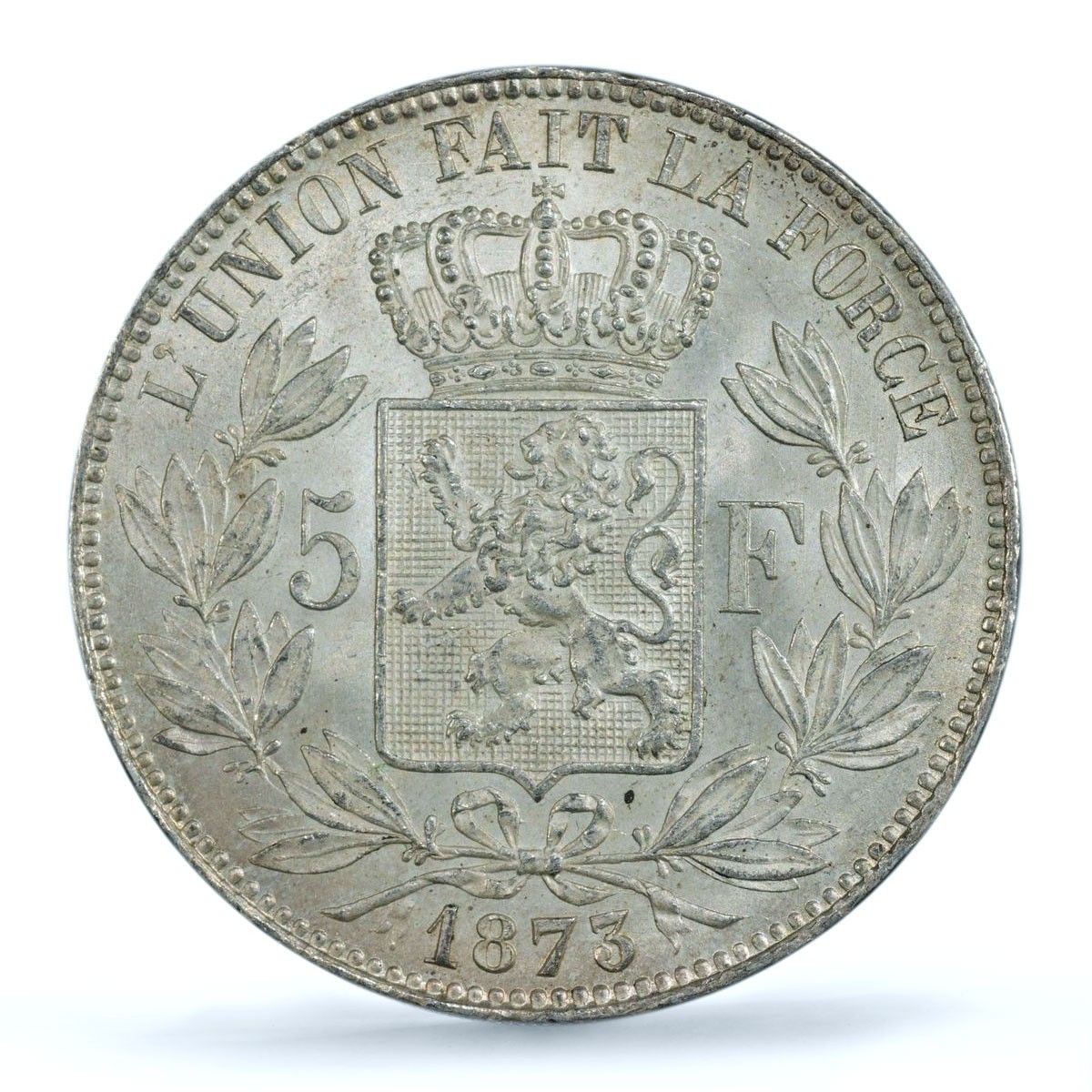 ベルギー 5フラン レオポルド2世 ポジションA KM 24 MS 62 PCGS 銀貨 1873年