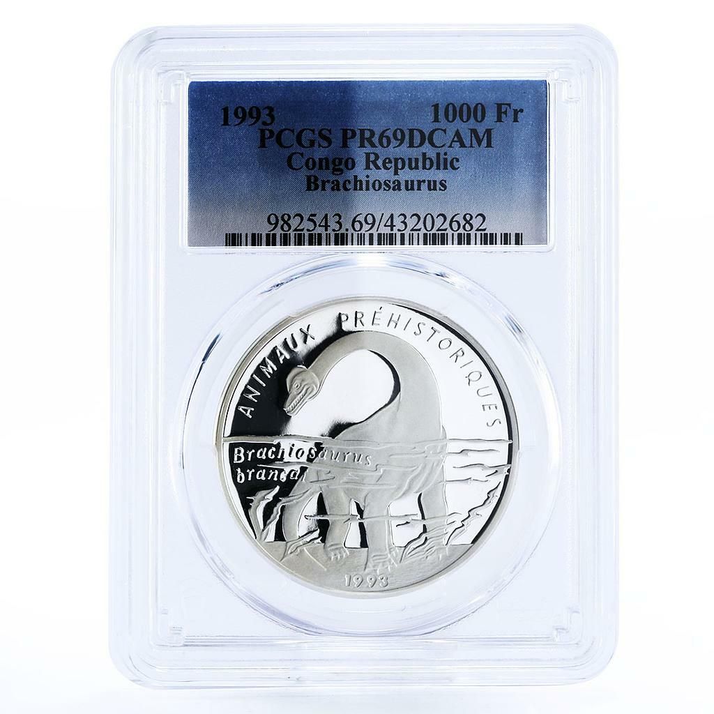 コンゴ 1000フラン 先史時代の動物 ブラキオサウルス PR 69 PCGS 銀貨 1993年