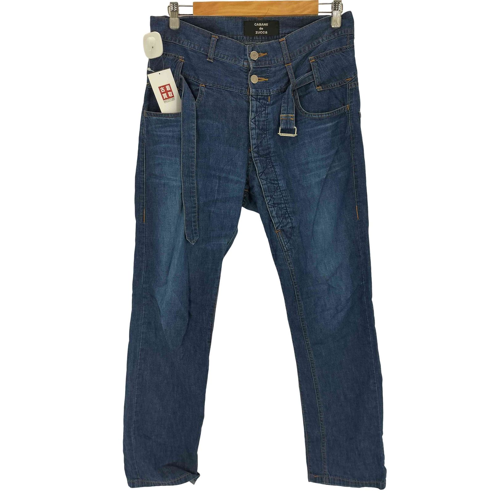 美品 CABANE de ZUCCA パンツ デニム サイズL ジーンズ 日本製 カバンドズッカ CABANE de ZUCCa ベルトデザイン ボタンフライデニム