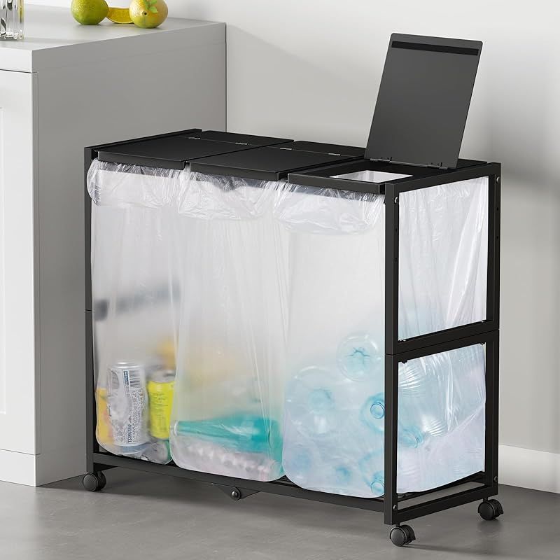 TTWO ゴミ箱 3分別 ダストワゴン ゴミ袋ホルダー 高さ三段調節20 45 L袋対応 約W 70 xD 32.5 xH 65 cmふた付き におい遮断 キッチン ゴミ袋スタンド 大容量 ダストボックス 使いやすい 清掃容易 シンプルフレーム構造 レジ袋 ポリ袋 エコ 1