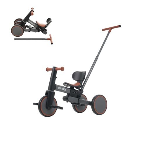 BTM 子供用三輪車 5 in 1自転車 超軽量 オリジナル 5段階高さ調節 押し棒付き 組み立て簡単 自転車 おもちゃ 乗用玩具 おしゃれ 1歳 5歳 幼児用 プレゼント お祝い ギフト 折りたたみ e