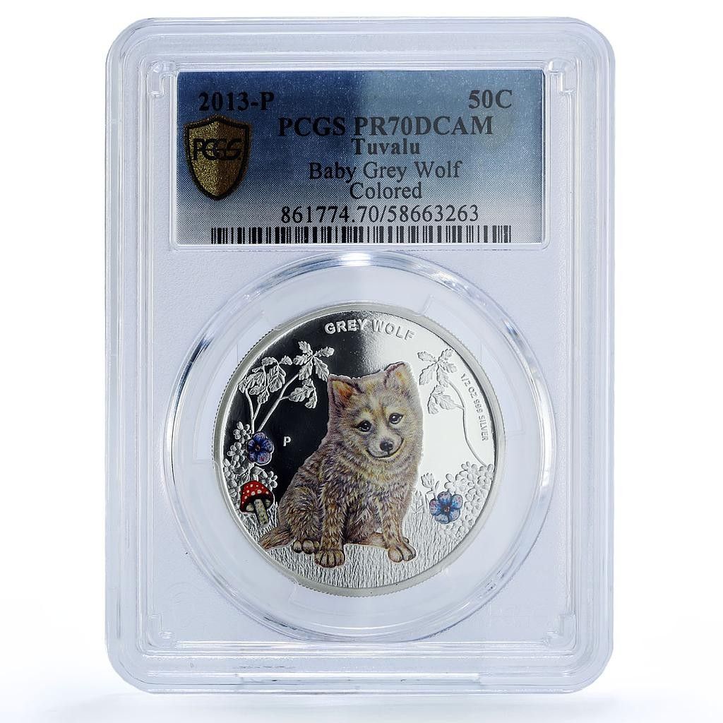 ツバル 50セント 灰色オオカミの赤ちゃん KM-213 動物 PR 70 PCGS 銀貨