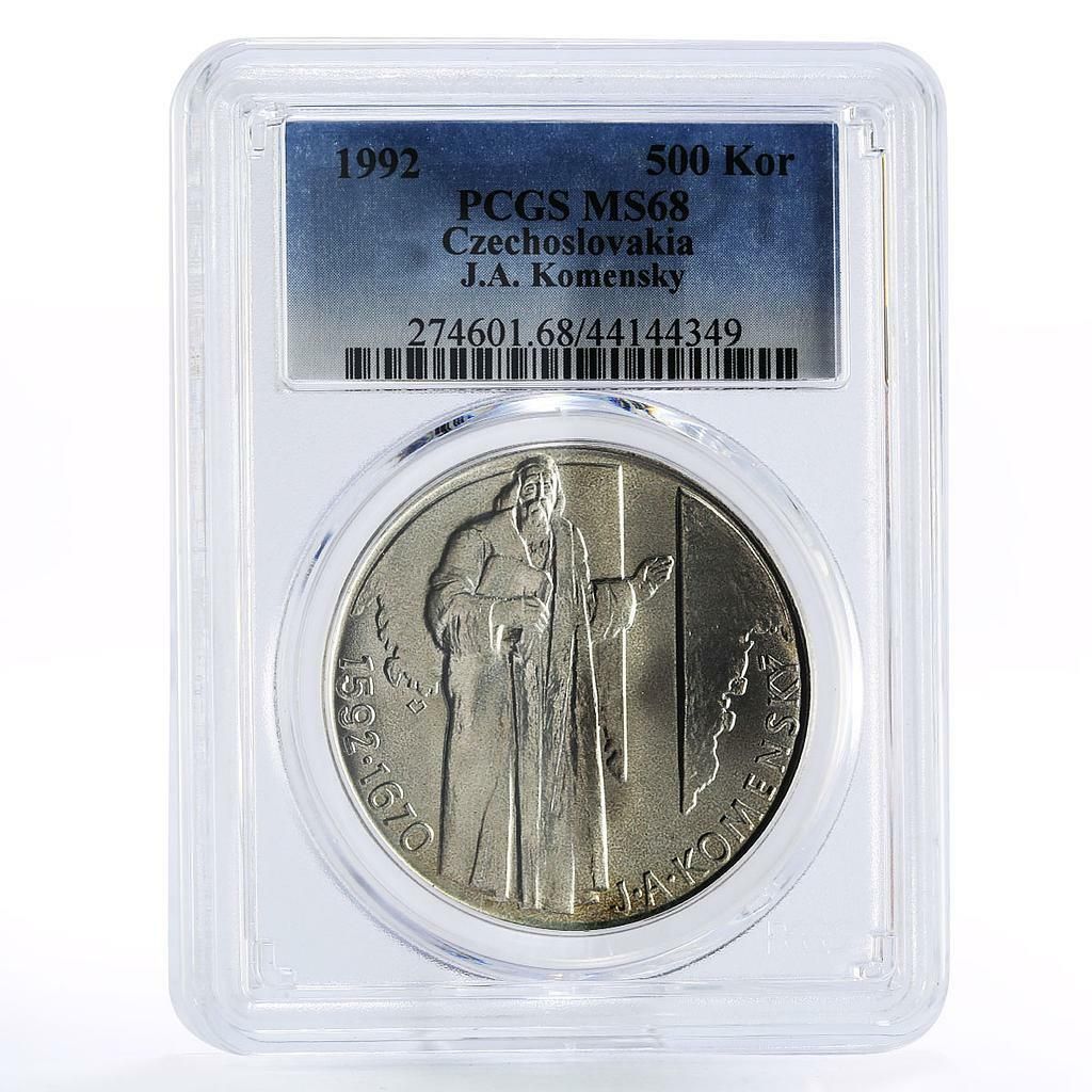 チェコスロバキア 500コルナ ヤン・コメニ誕生日 MS68 PCGS 銀貨 1992
