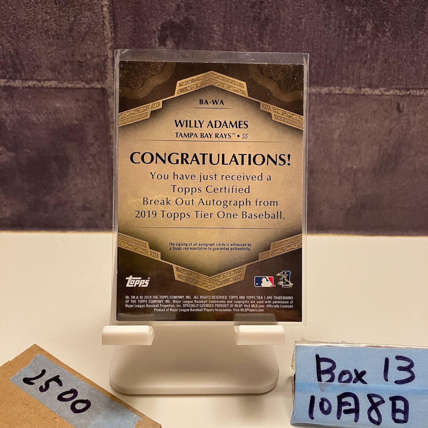 2019 Topps Tier One Willy Adames 087/250 直筆サインカード Tampa