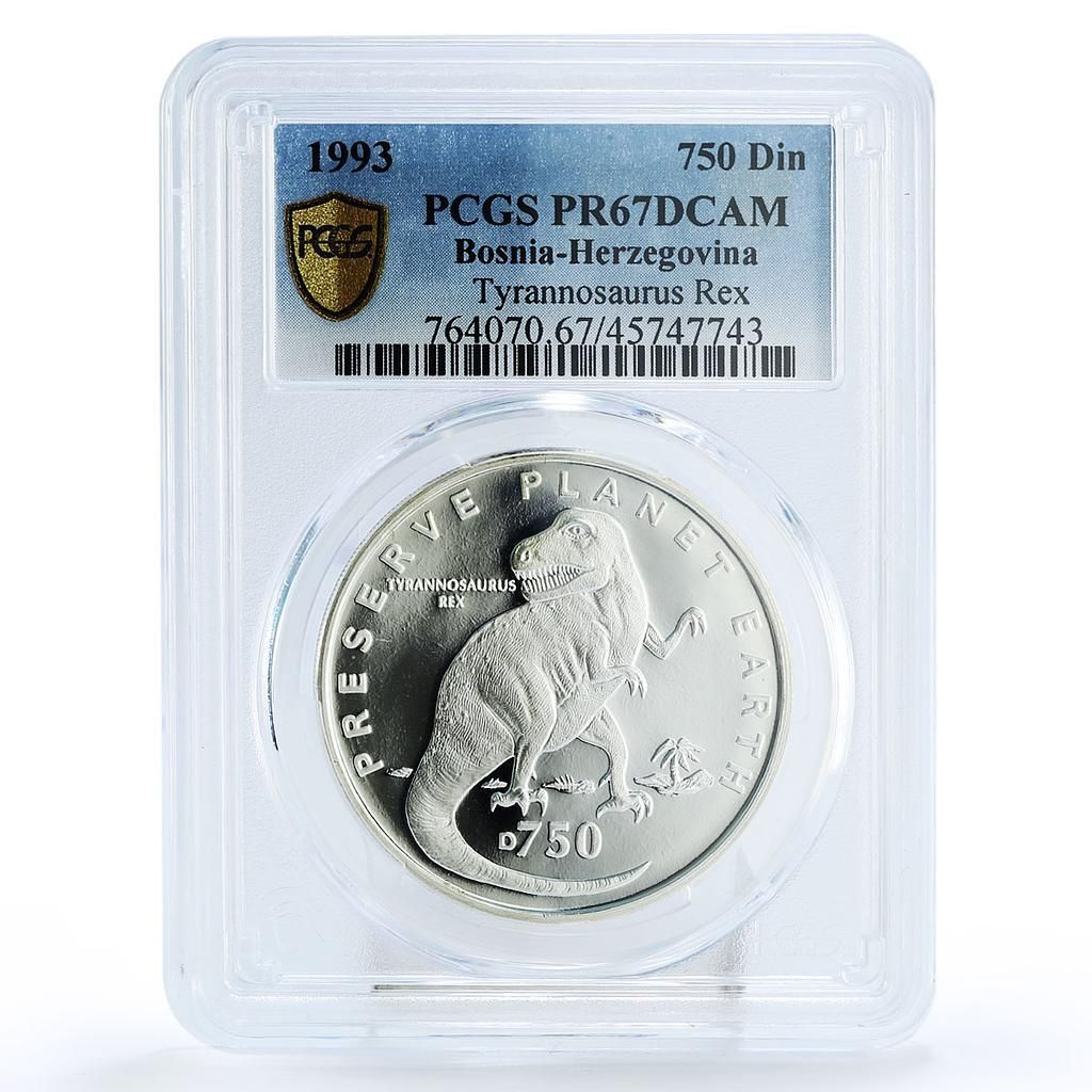 ボスニア ヘルツェゴビナ 750ディナール ティラノサウルス レックス PR 67 PCGS 銀貨 1993年
