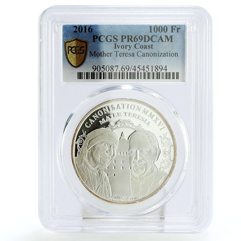 コートジボワール 1000フラン マザー テレサ列聖記念 PR 69 PCGS 銀貨 2016年