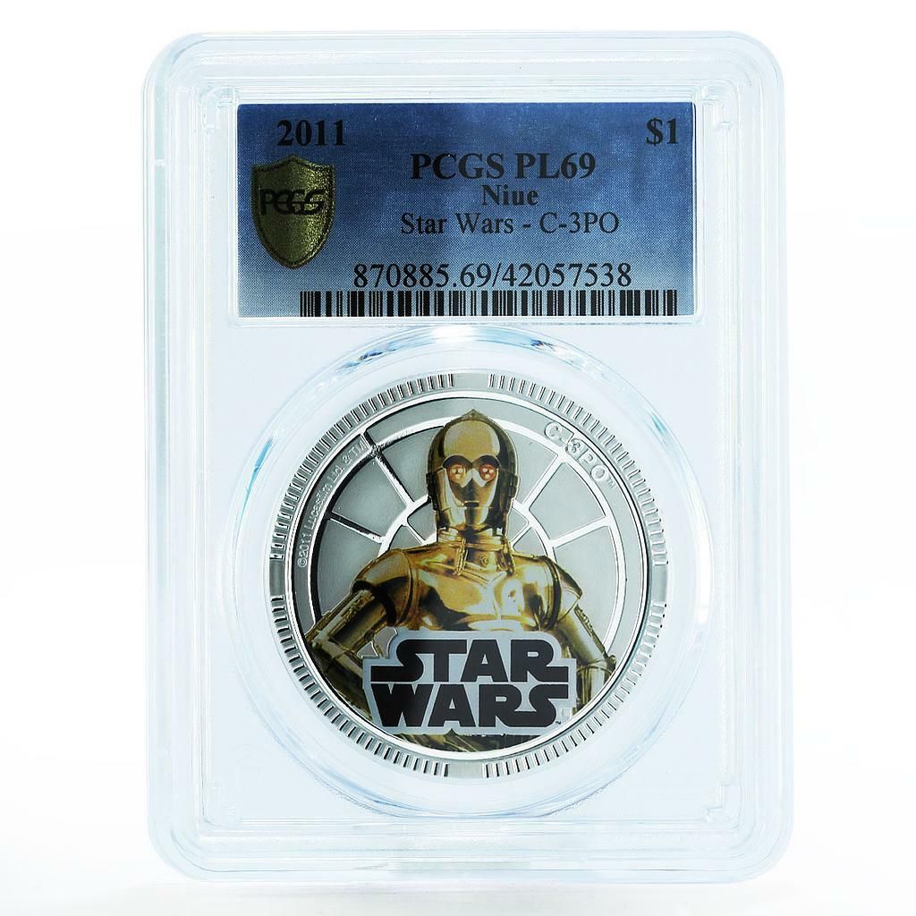 ニウエ 1ドル スターウォーズ シリーズ C - 3PO PL69 PCGS 銀メッキ