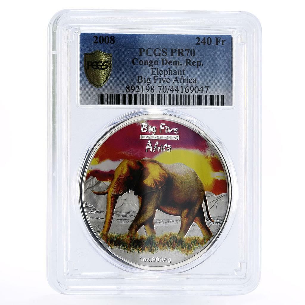 コンゴ 240フラン アフリカ野生動物シリーズ 象 PR 70 PCGS 銀貨 2008年