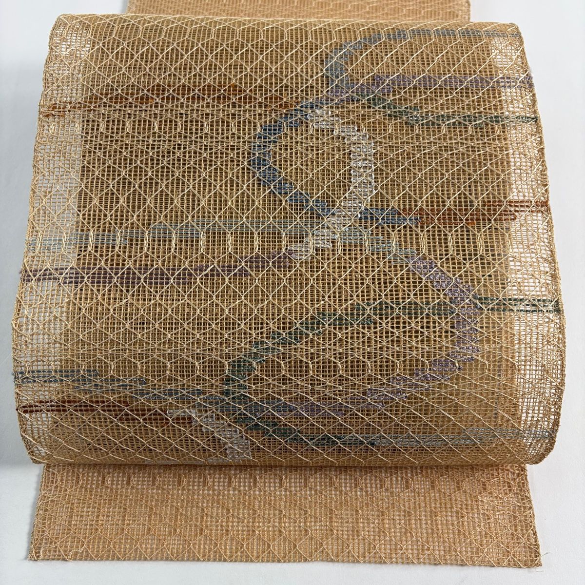 名古屋帯 秀品 夏帯 羅 八寸名古屋帯 松葉仕立て 幾何学模様 箔 薄茶色