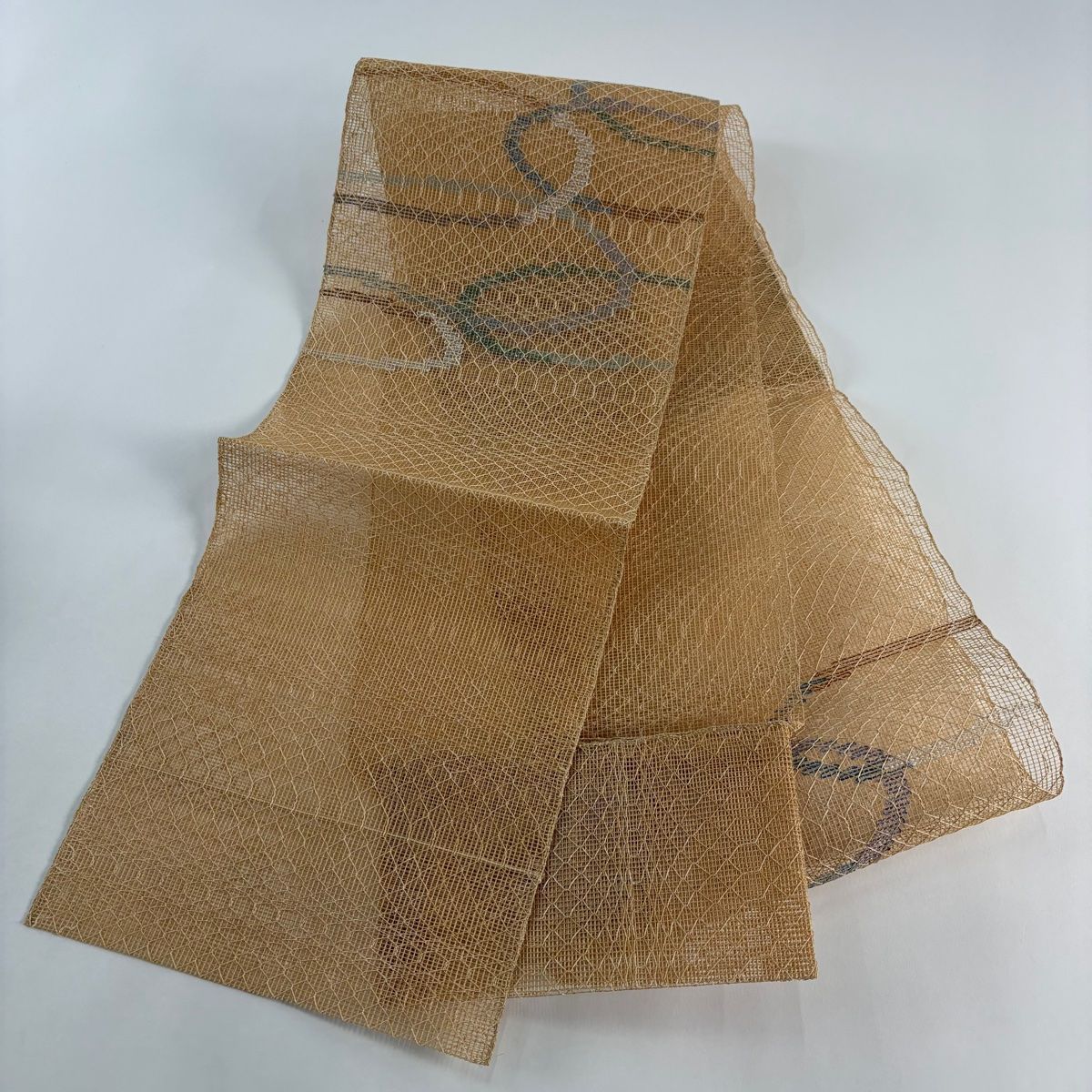 名古屋帯 秀品 夏帯 羅 八寸名古屋帯 松葉仕立て 幾何学模様 箔 薄茶色