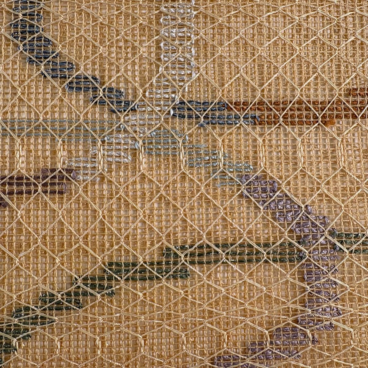 名古屋帯 秀品 夏帯 羅 八寸名古屋帯 松葉仕立て 幾何学模様 箔 薄茶色