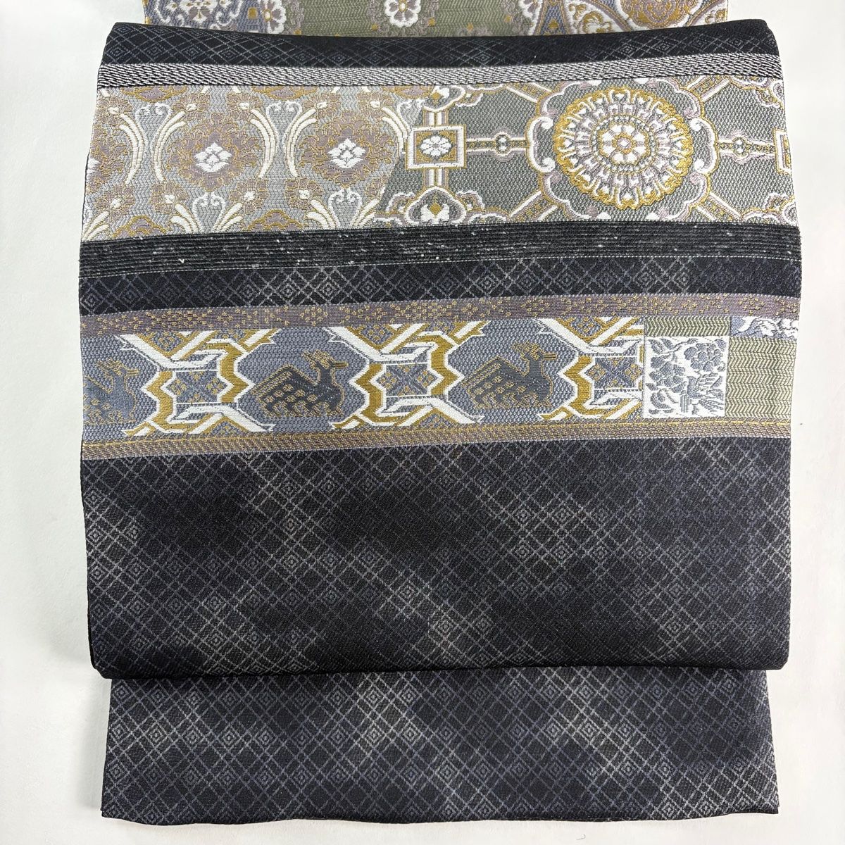 袋帯 秀品 花 有栖川鹿文 墨色 お太鼓柄 正絹