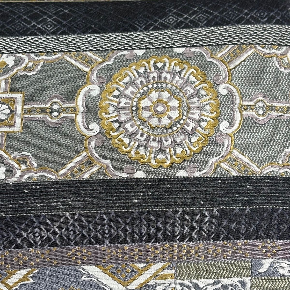 袋帯 秀品 花 有栖川鹿文 墨色 お太鼓柄 正絹