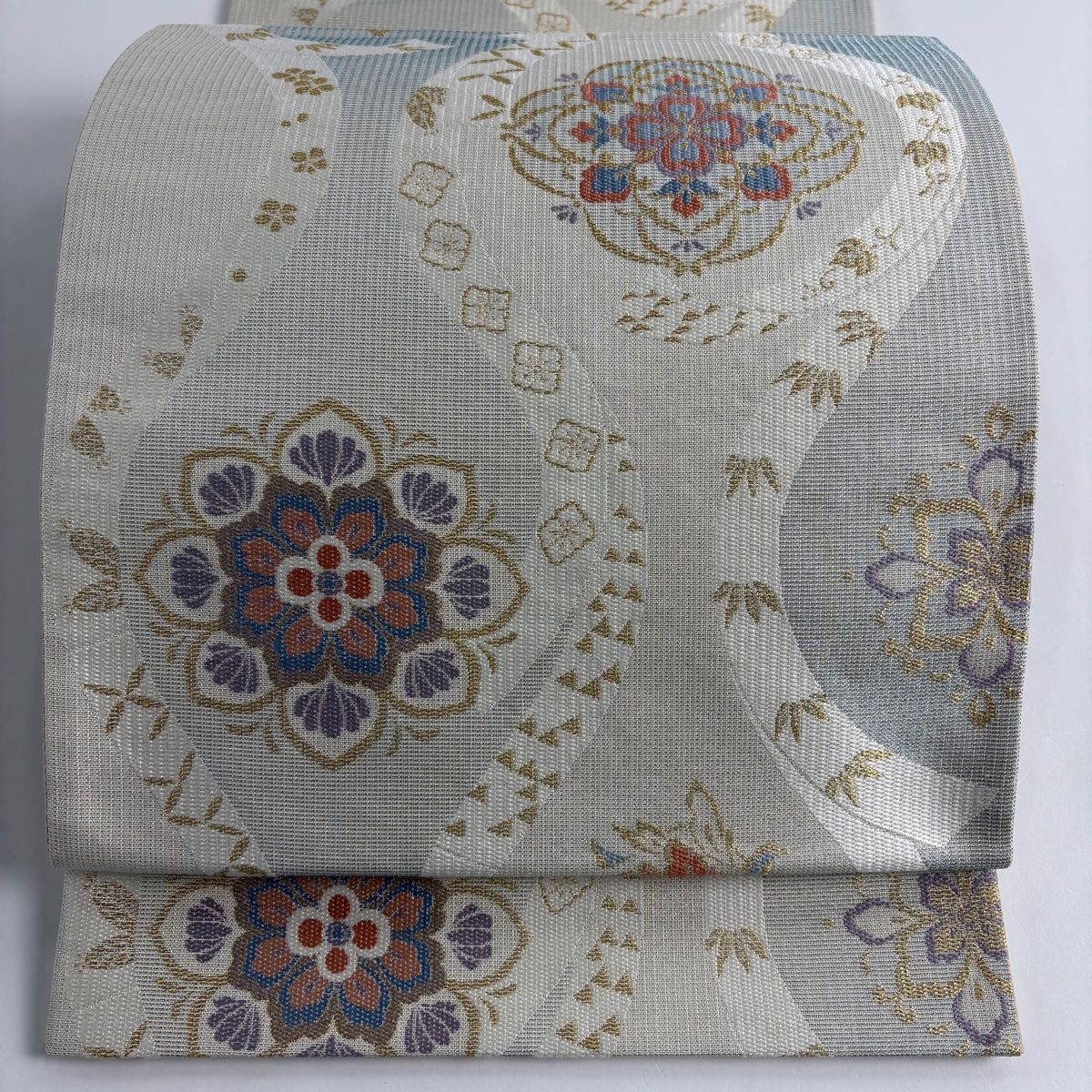 袋帯 秀品 華文 蔓帯 箔 灰緑 六通 正絹