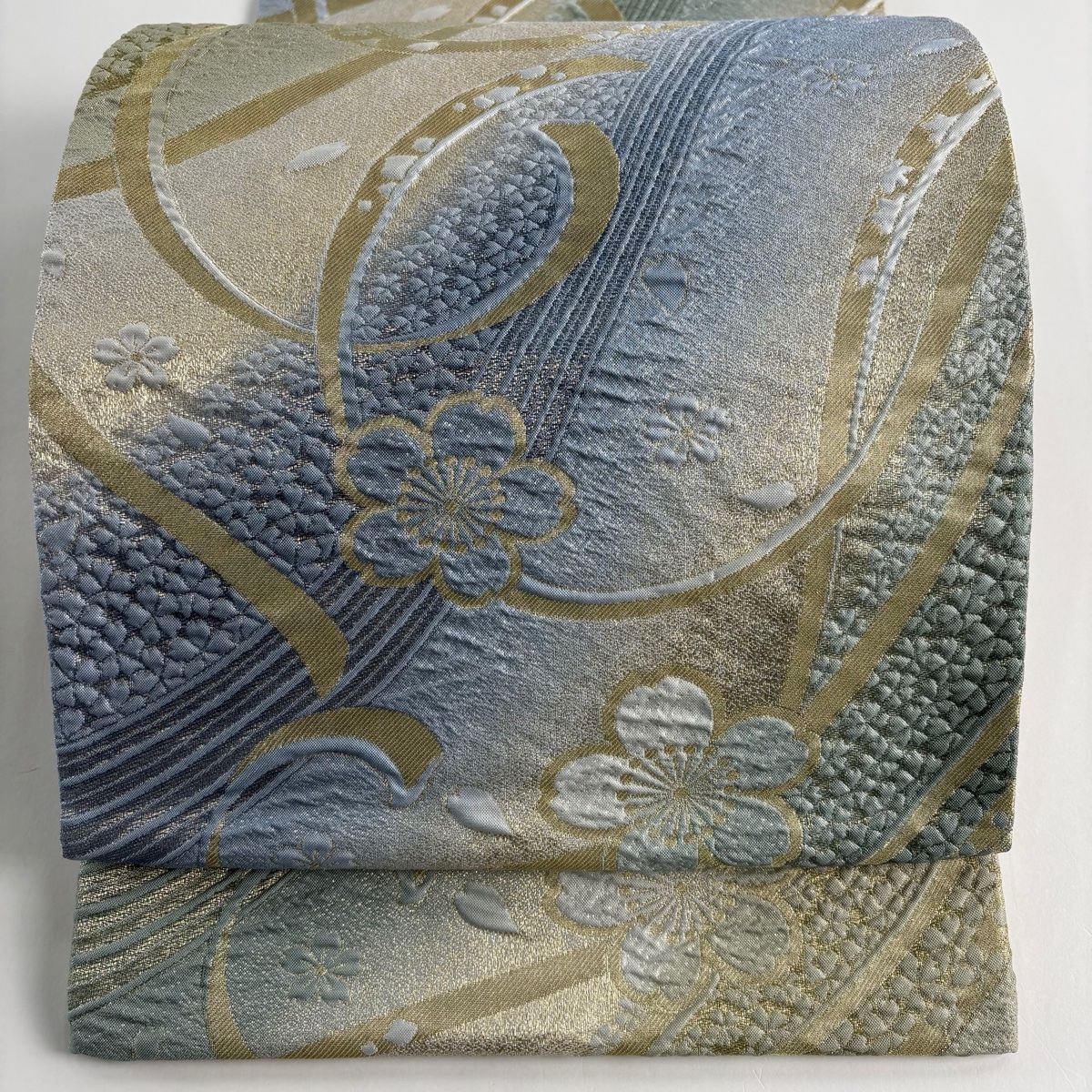 袋帯 秀品 桜 蔓帯 金銀糸 ぼかし 灰緑 全通 正絹