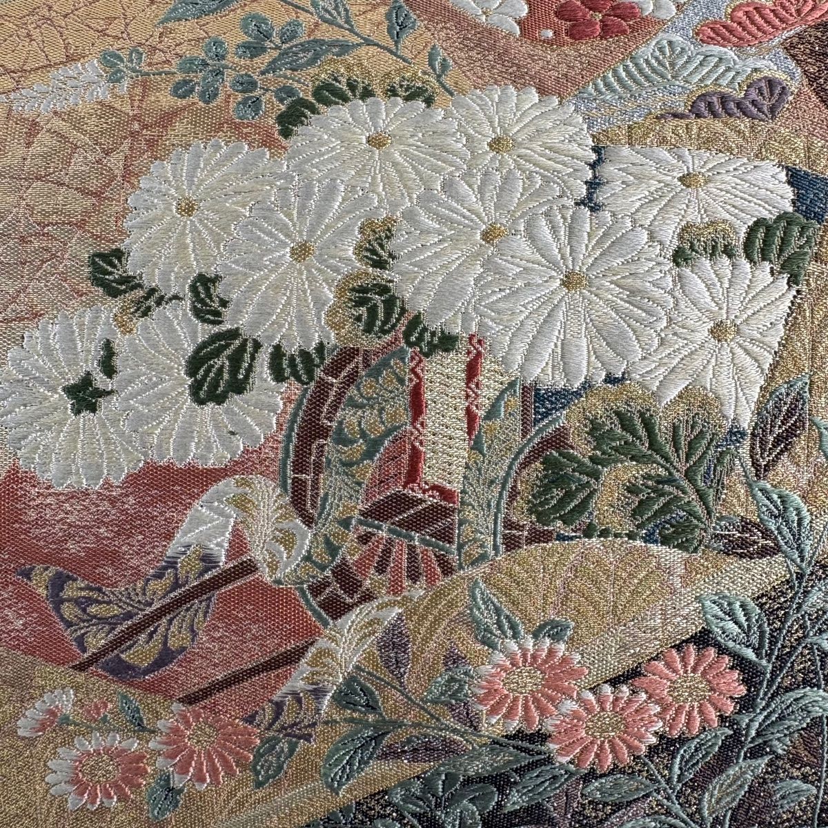 袋帯 秀品 花車 扇面 唐織 箔 墨色 六通 正絹