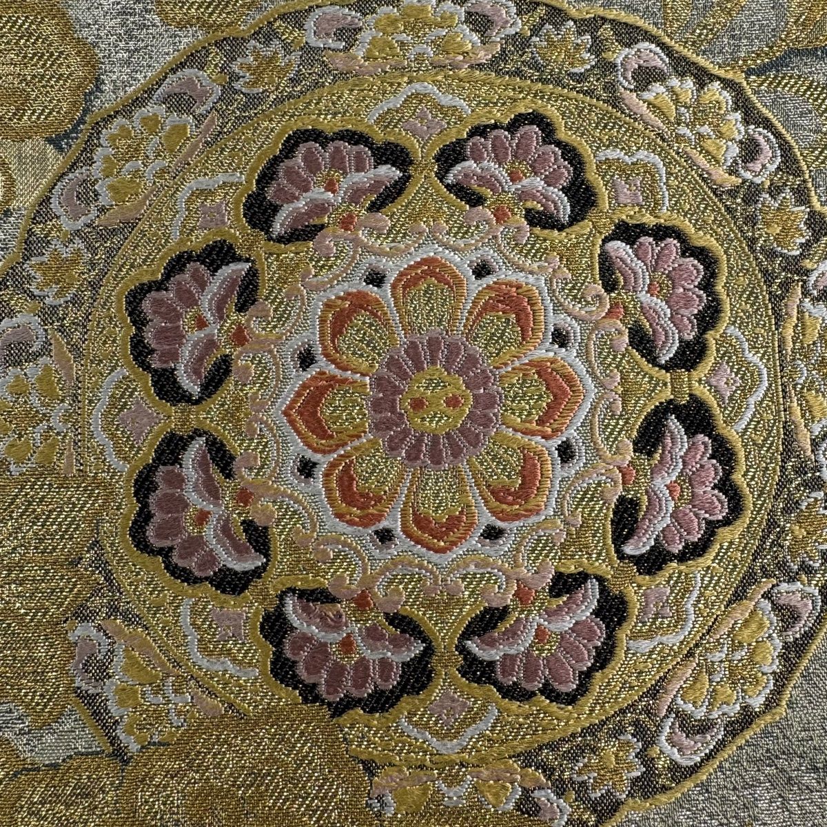 袋帯 秀品 瑞華祥栄文 花唐草 唐織 箔 茶緑色 六通 正絹