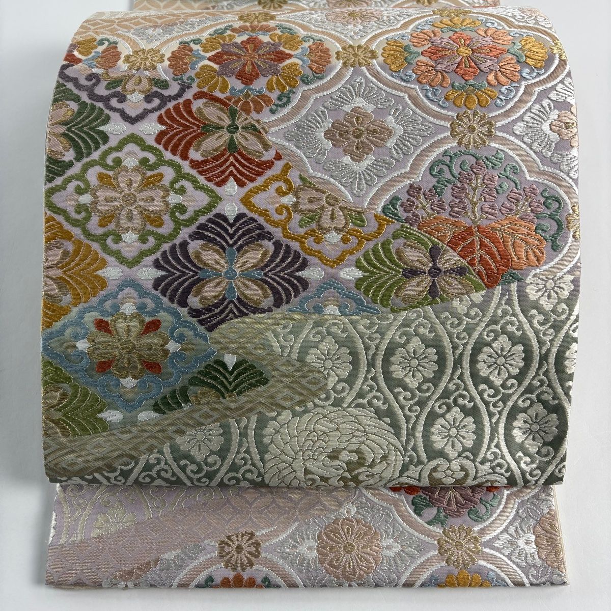 袋帯 秀品 華文 立涌 唐織 箔 灰紫 六通 正絹