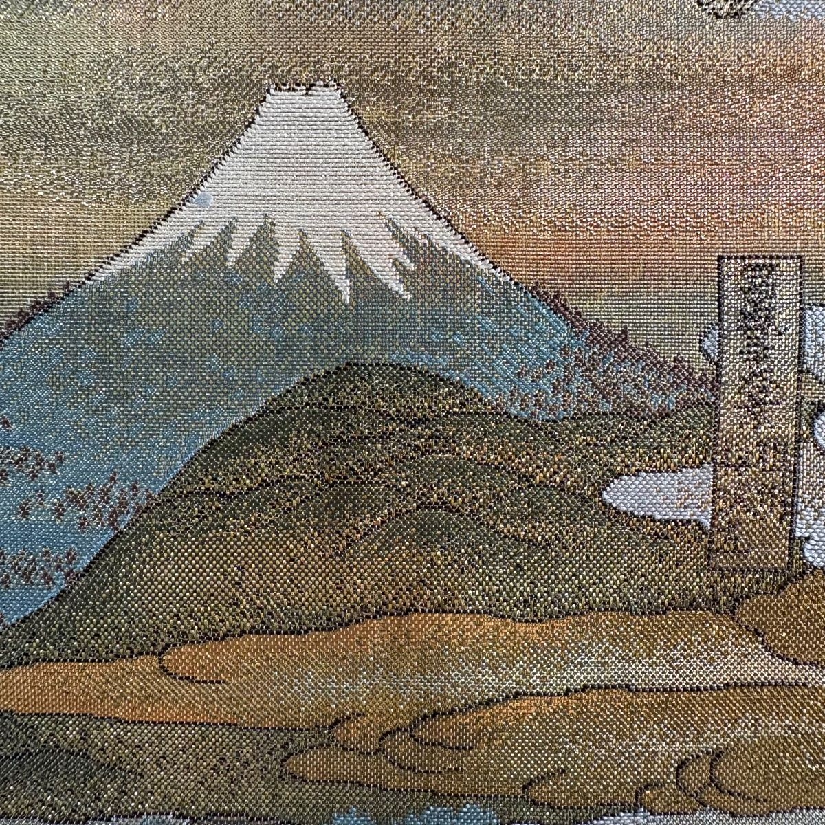 袋帯 秀品 風景 人物 箔 薄茶色 全通 正絹