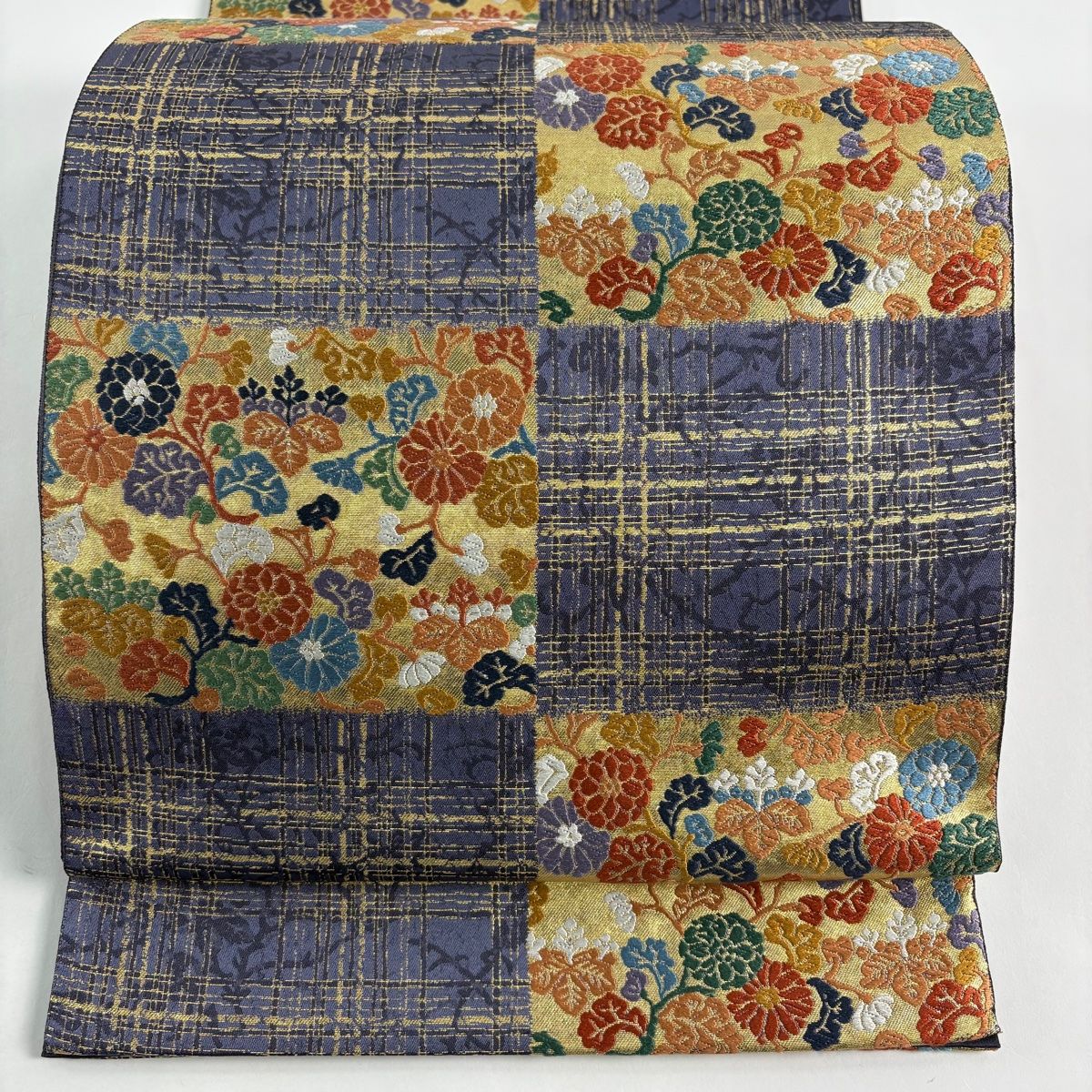 袋帯 秀品 草花 市松 唐織 箔 青紫 六通 正絹