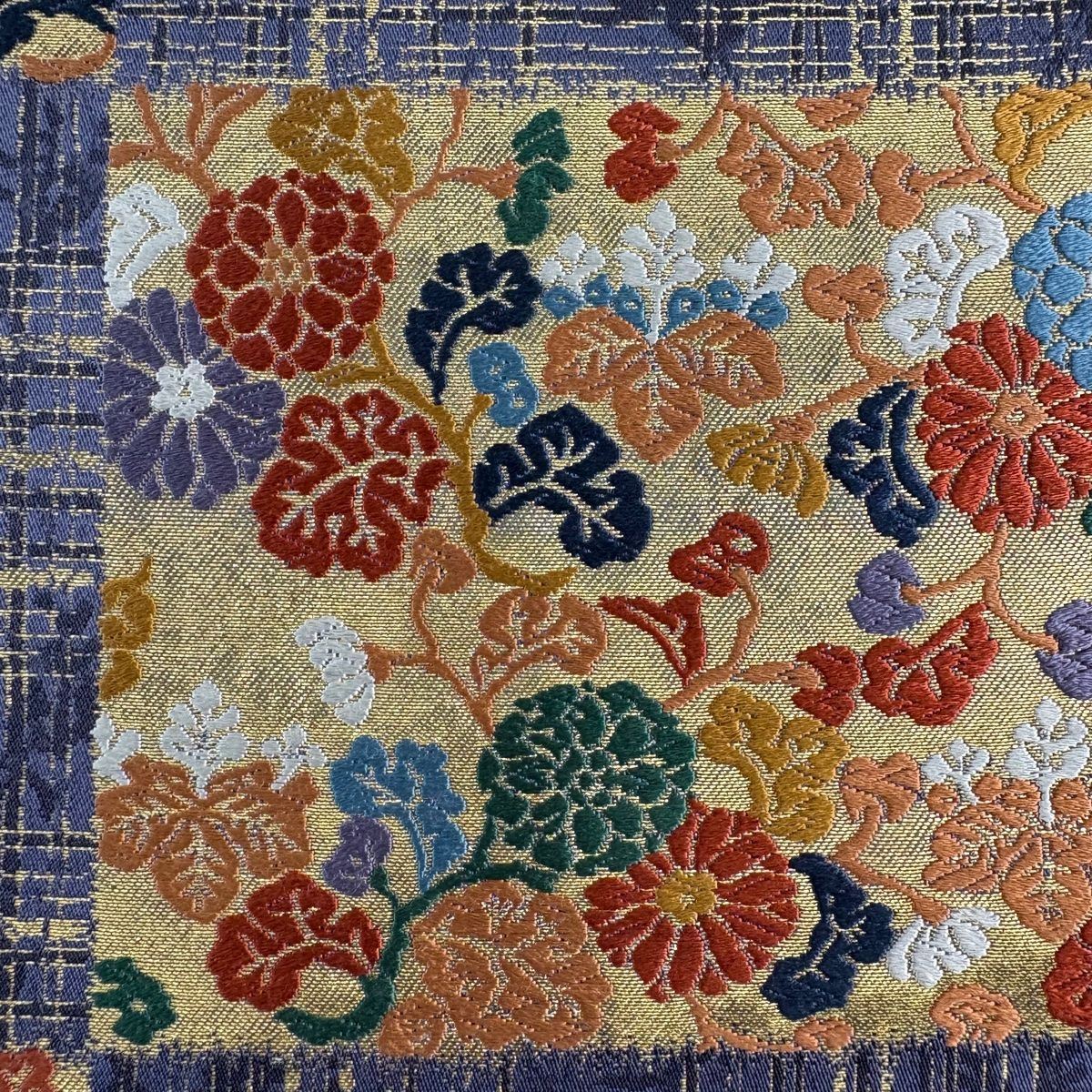 袋帯 秀品 草花 市松 唐織 箔 青紫 六通 正絹