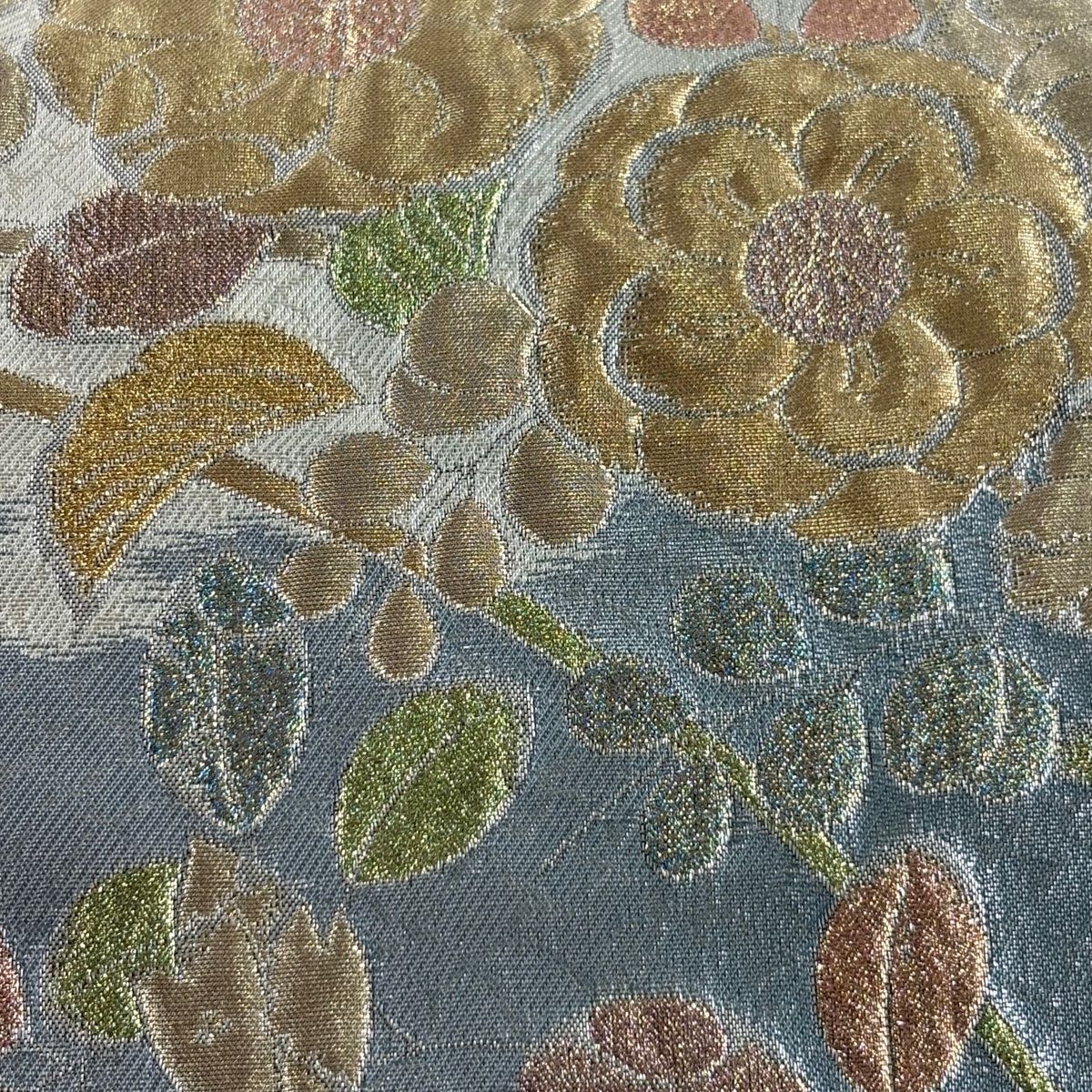 袋帯 秀品 辻が花 萩 金糸 箔 青灰色 六通 正絹