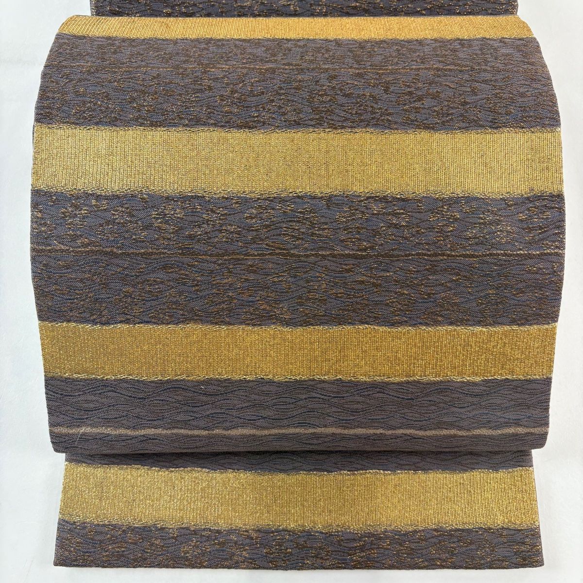 袋帯 秀品 段縞 幾何学 金糸 箔 灰紫 六通 正絹