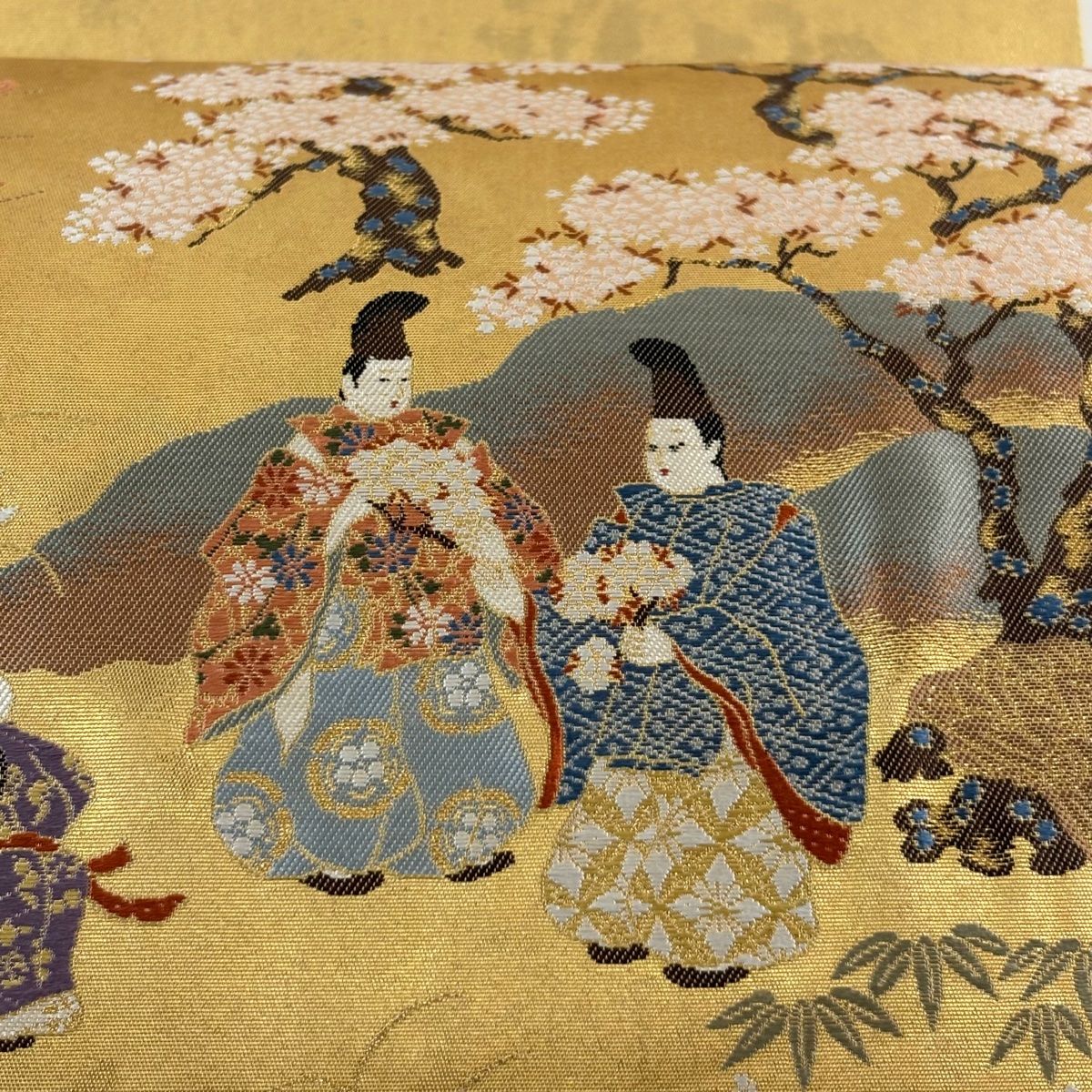 美品】 袋帯 秀品 長嶋成織物 落款 関西仕立て 松竹梅 人物 金糸 箔