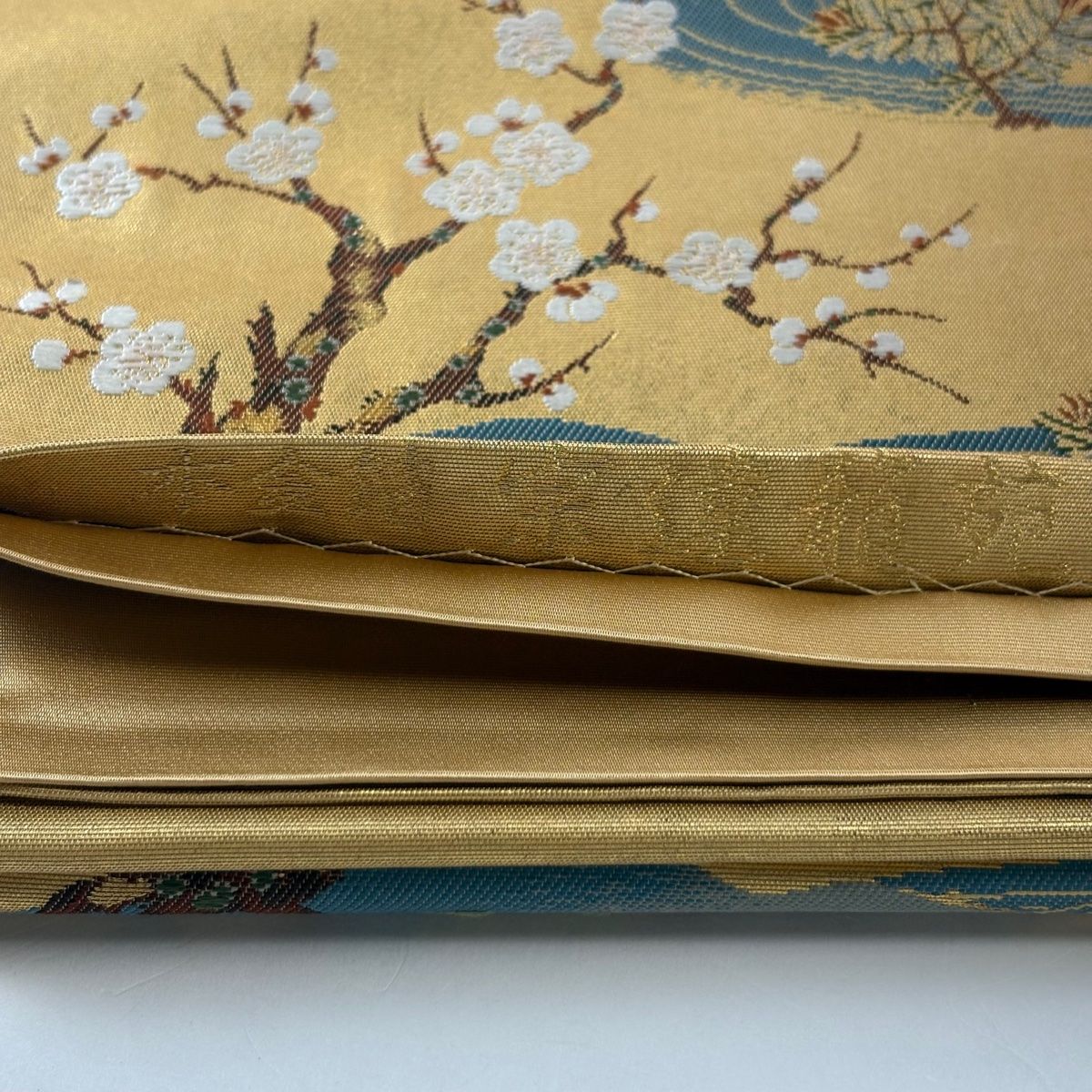 袋帯 秀品 長嶋成織物 落款 関西仕立て 松竹梅 人物 金糸 箔 金色 お太鼓柄 正絹