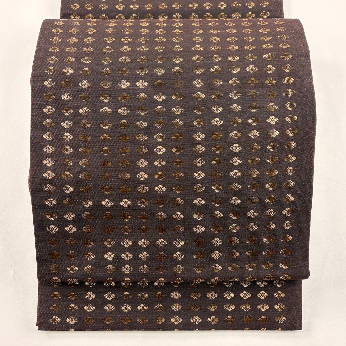 袋帯 秀品 坂東三津五郎 落款 やまと 幾何学模様 箔 焦茶色 六通 正絹