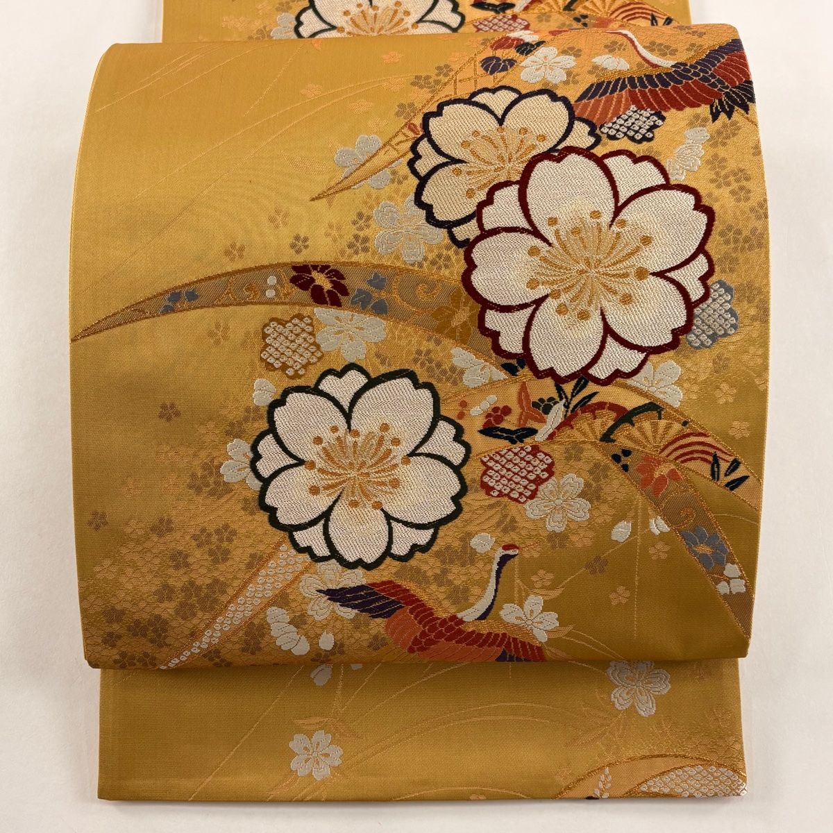 美品】 袋帯 秀品 鶴 桜 金糸 箔 山吹茶色 六通 正絹 【中古】 - メルカリ