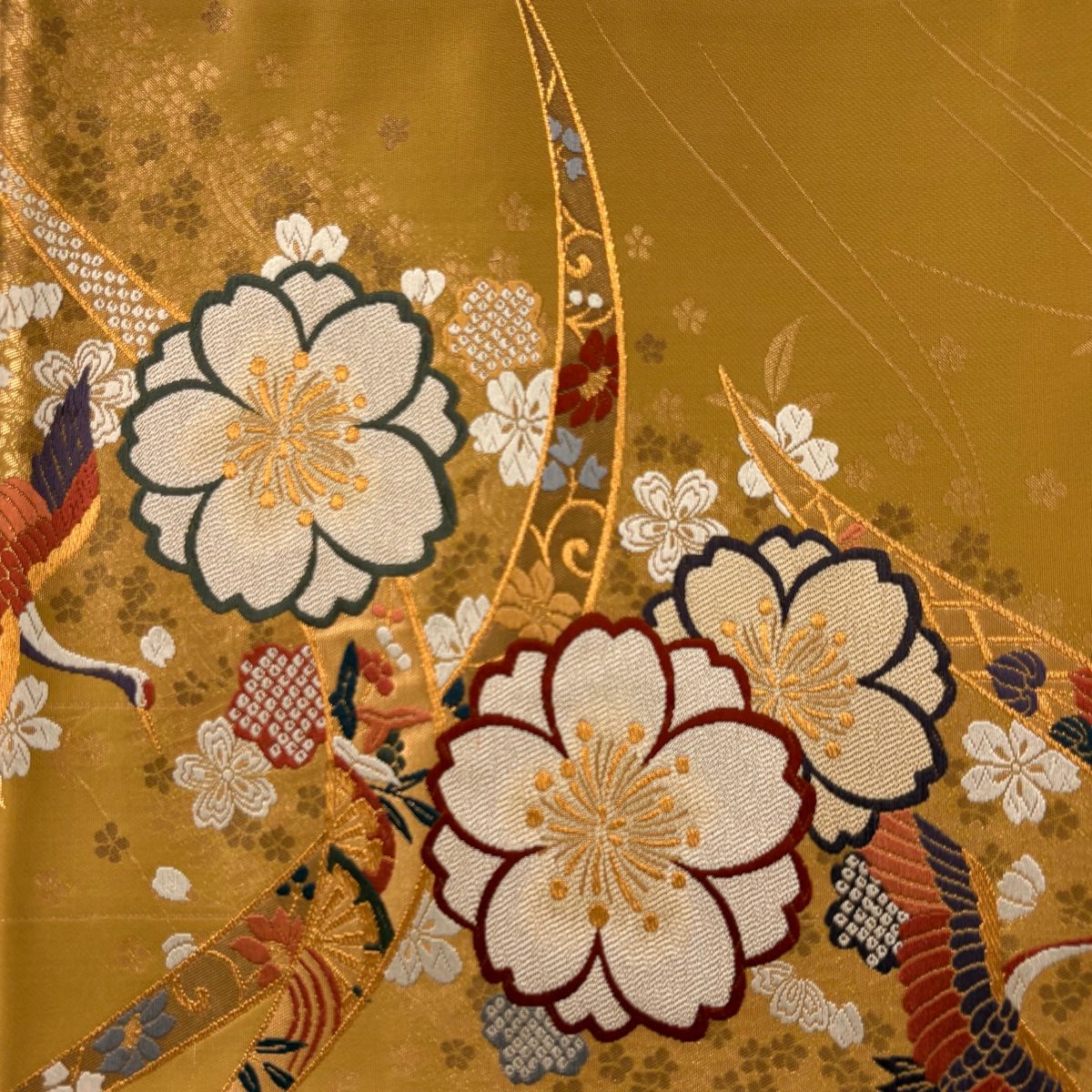 美品】 袋帯 秀品 鶴 桜 金糸 箔 山吹茶色 六通 正絹 【中古】 - メルカリ