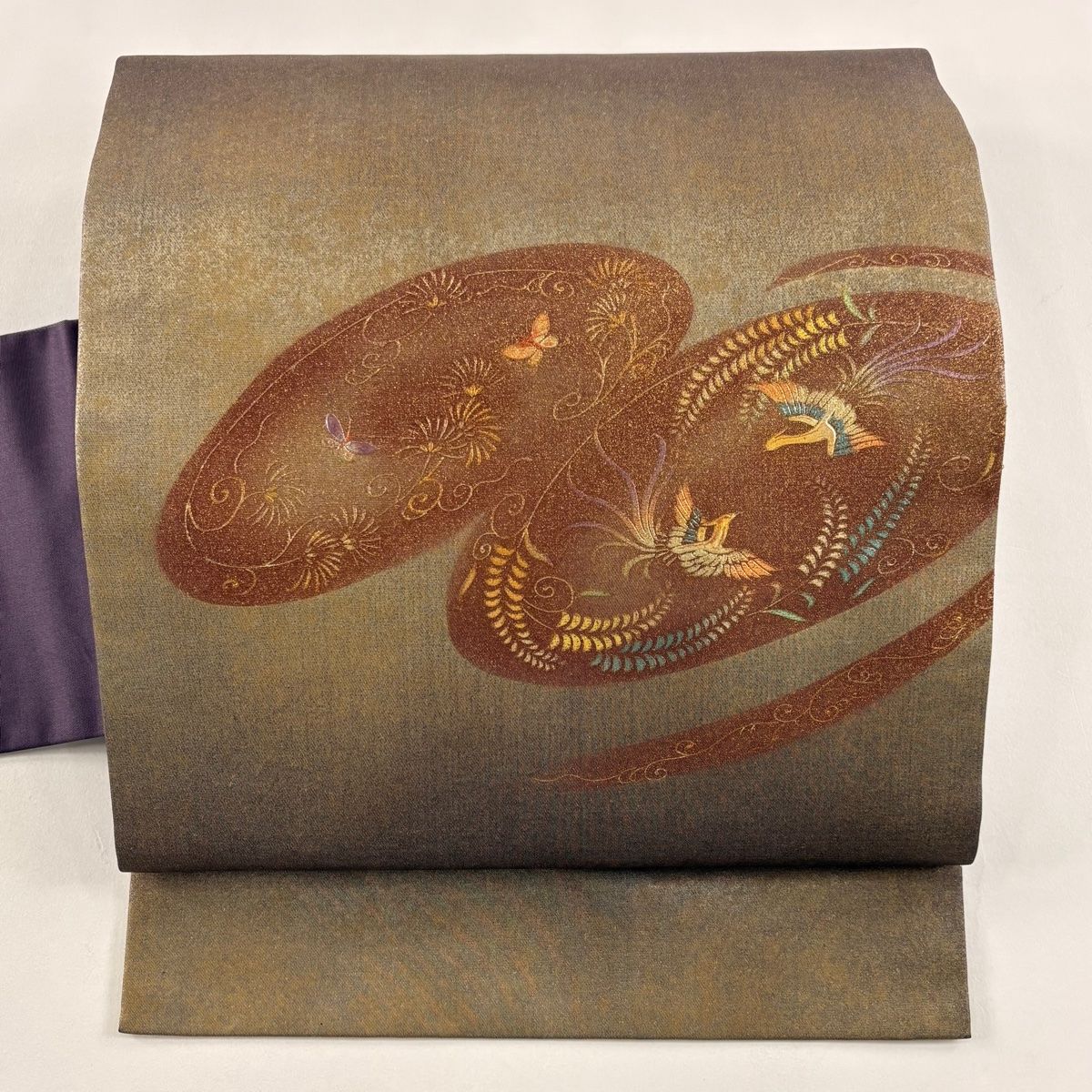 名古屋帯 秀品 尾長鳥 花唐草 金彩 箔 紫 正絹 【中古】 - メルカリ