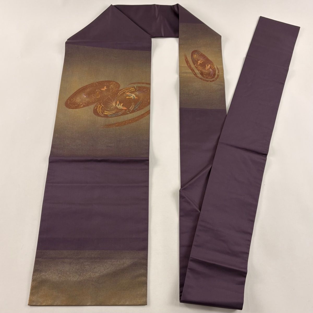 ムガシルク 金彩花唐草ライトベージュ全通柄 名古屋帯 (袋帯としても)極美品 名古屋帯 秀品 尾長鳥 花唐草 金彩 箔 紫 正絹 【中古】 - メルカリ