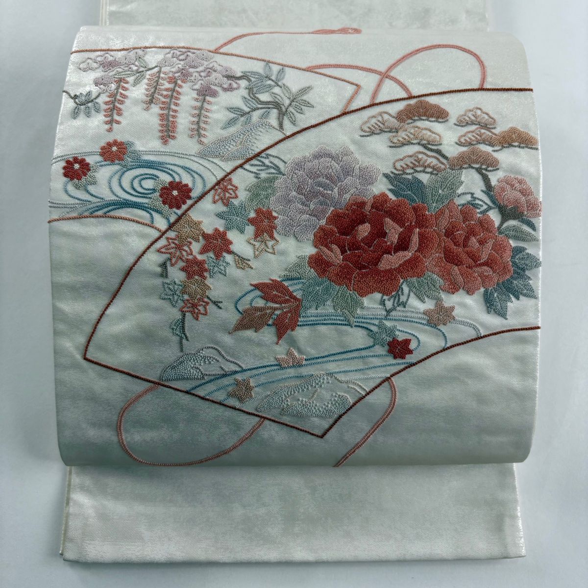 袋帯 秀品 扇面 牡丹 相良刺繍 箔 灰白 お太鼓柄 正絹 【中古】 - メルカリ