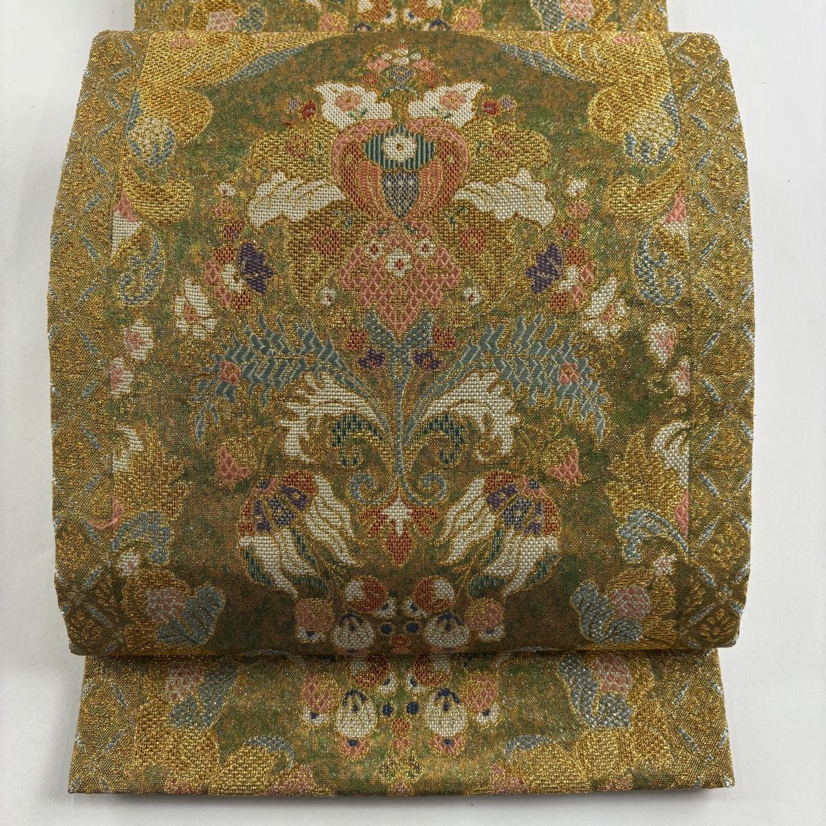 袋帯 秀品 草花 七宝 金銀糸 箔 金色 六通 正絹