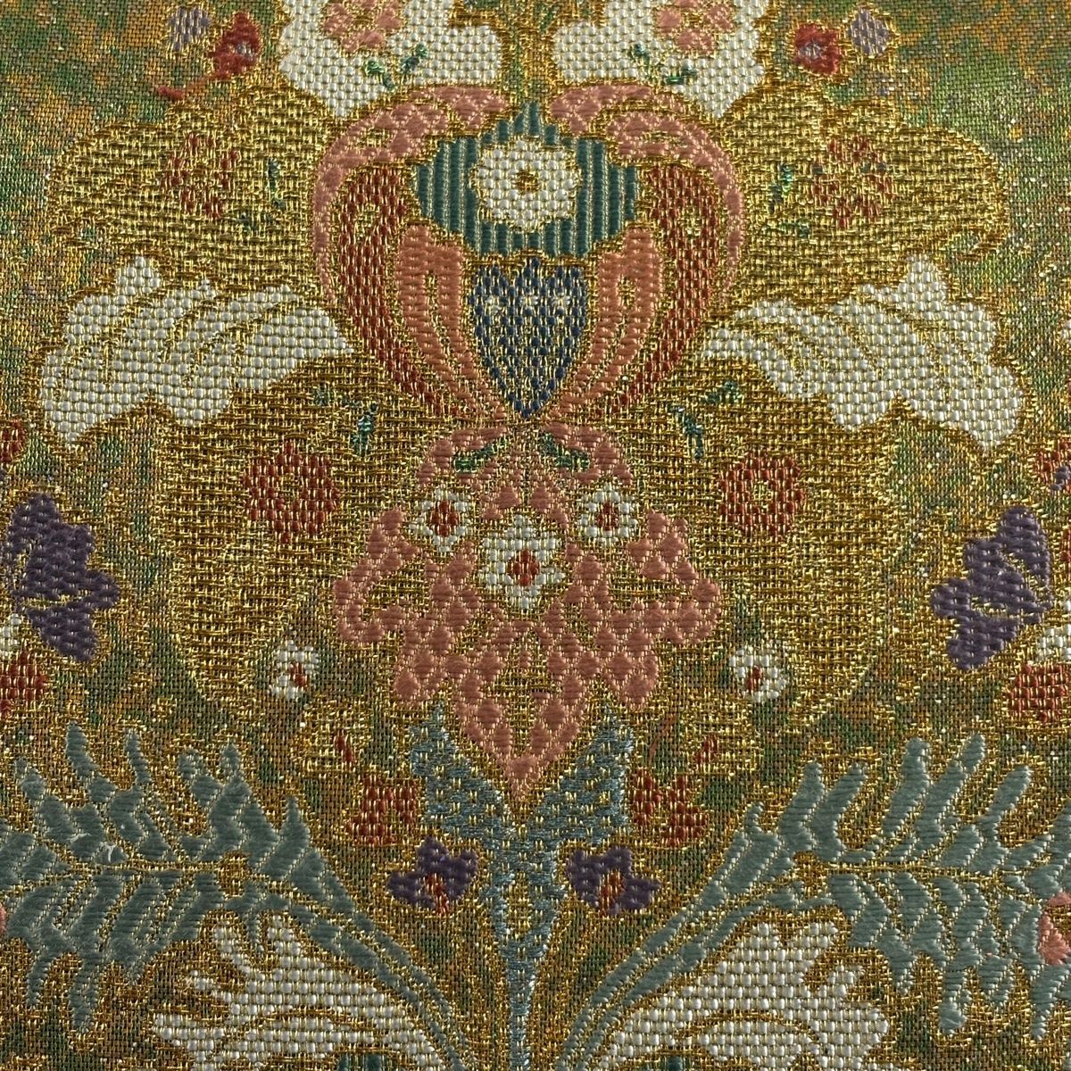 袋帯 秀品 草花 七宝 金銀糸 箔 金色 六通 正絹